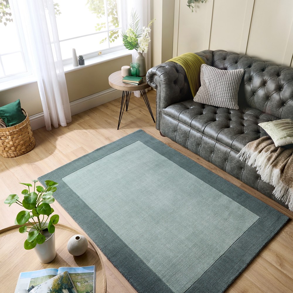 Origins Borders Plain Wool Rugs in Sage Green